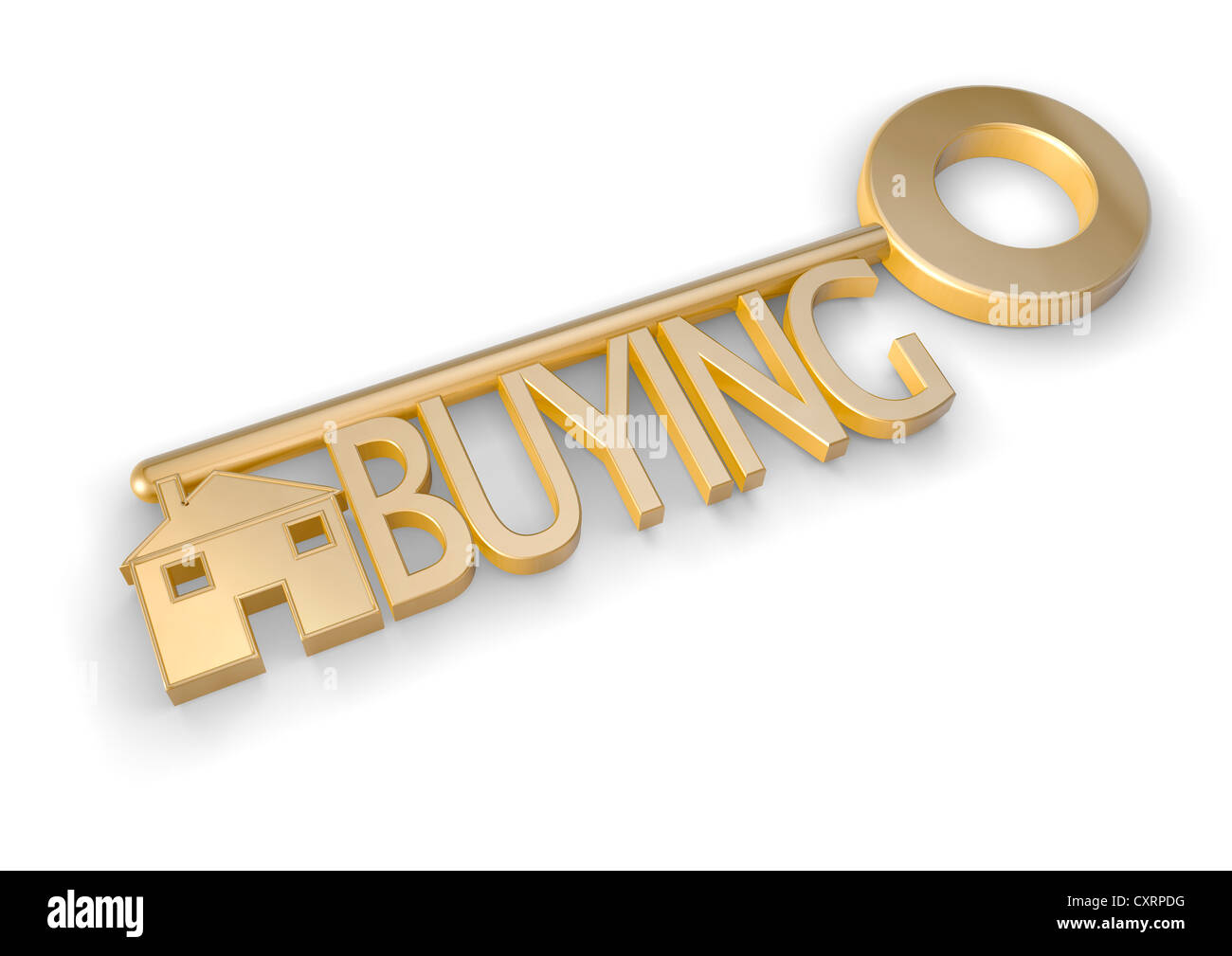 3D render of a gold key with the word BUYING and a house symbol - Concept image Stock Photo