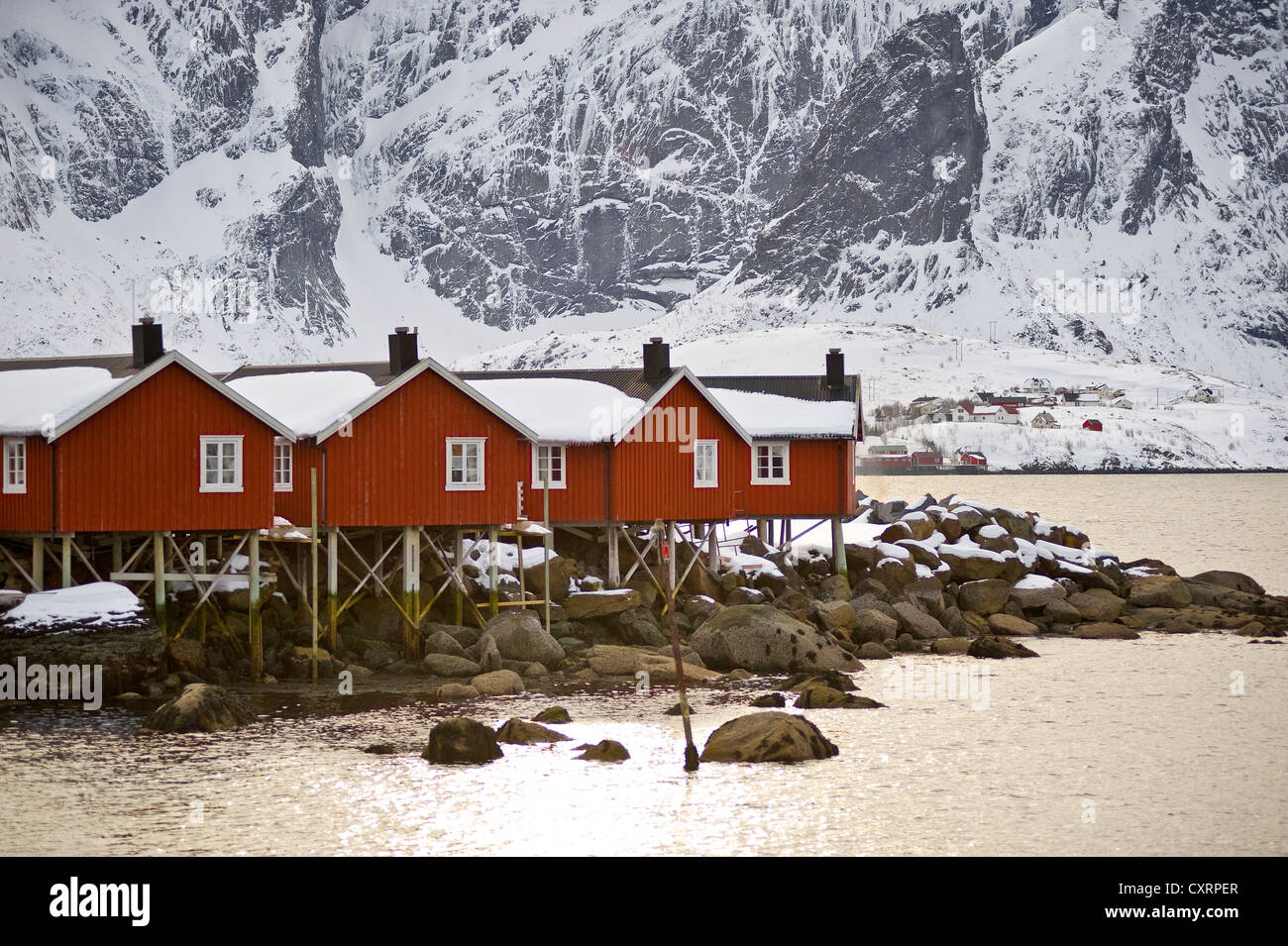 Rorbu, Rorbuer, traditional wooden houses, Reine, island of Moskenesøya, Moskenesoya, Lofoten Islands, Northern Norway, Norway Stock Photo