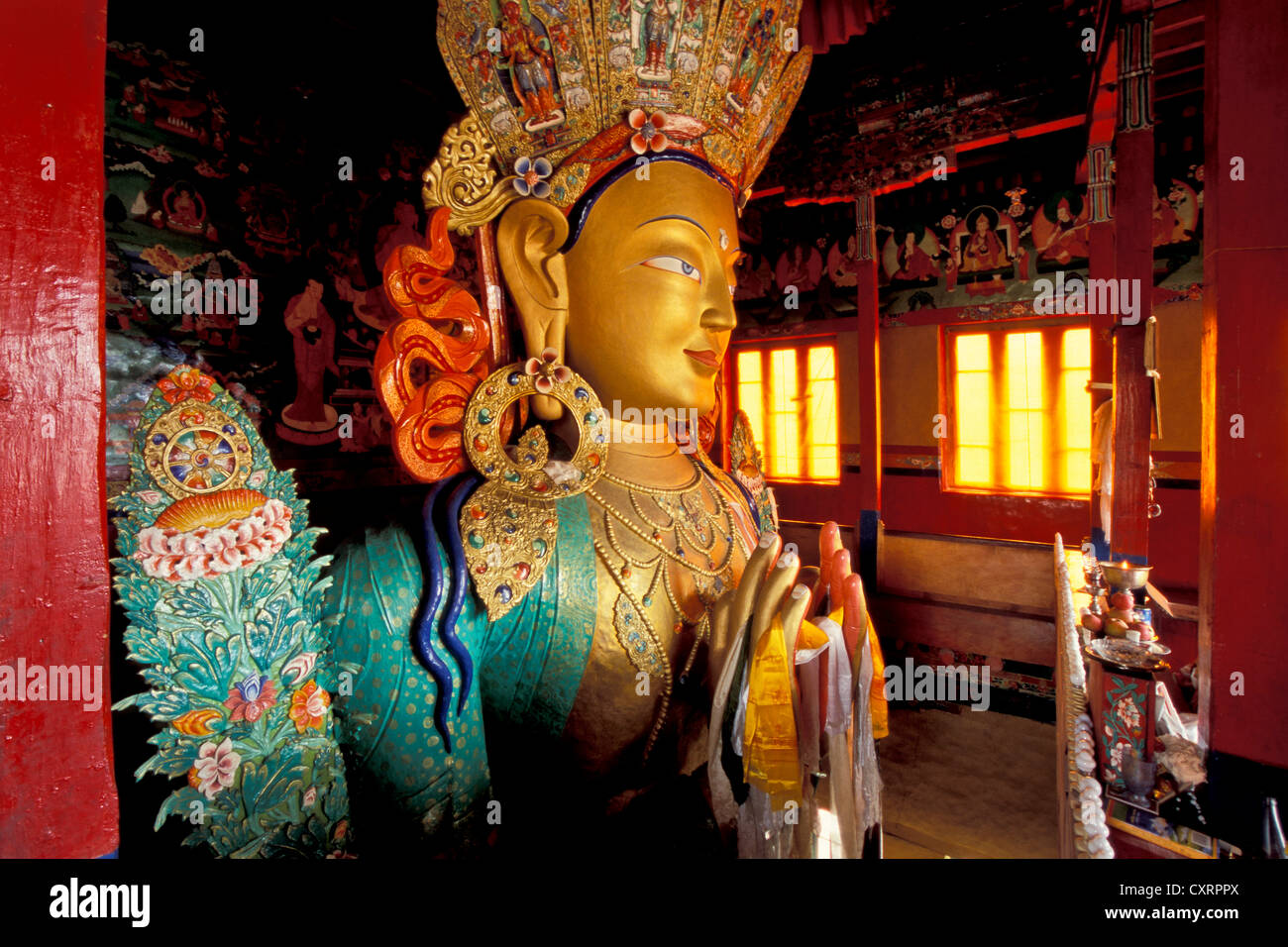 Buddha statue, Maitreya, Tikse, Thiksey or Thikse Yellow Hat Monastery, Ladakh, Jammu and Kashmir, Indian Himalayas, North India Stock Photo
