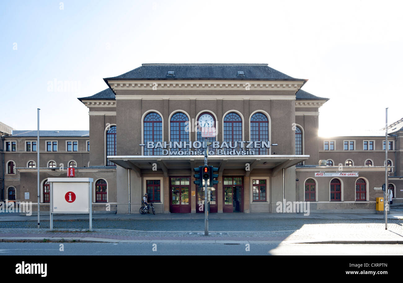 Railway station, station building, Bautzen, Budysin, Upper Lusatia, Lusatia, Saxony, PublicGround Stock Photo