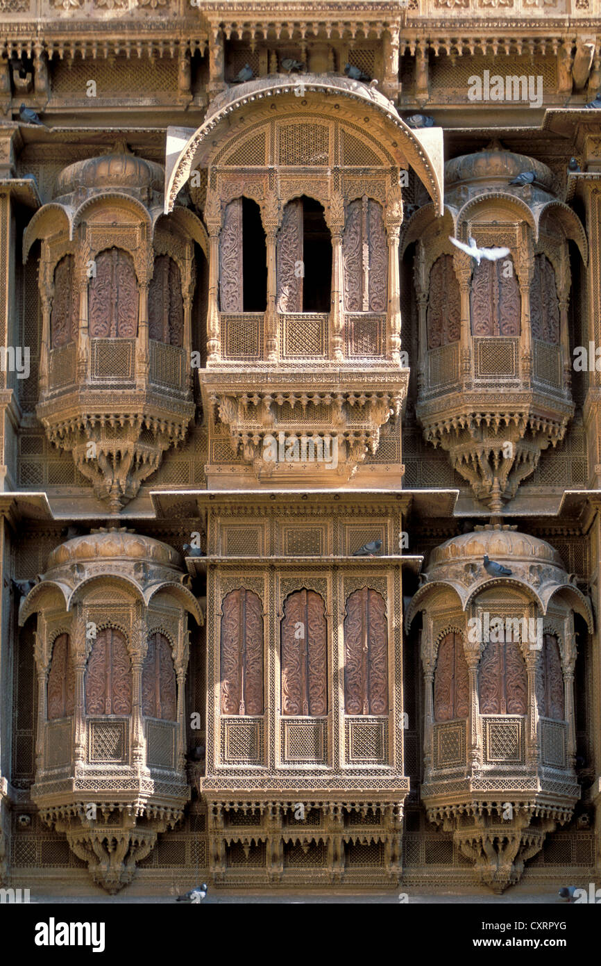 Ornate facade of a house, Haveli, Jaisalmer, Rajasthan, India, Asia Stock Photo