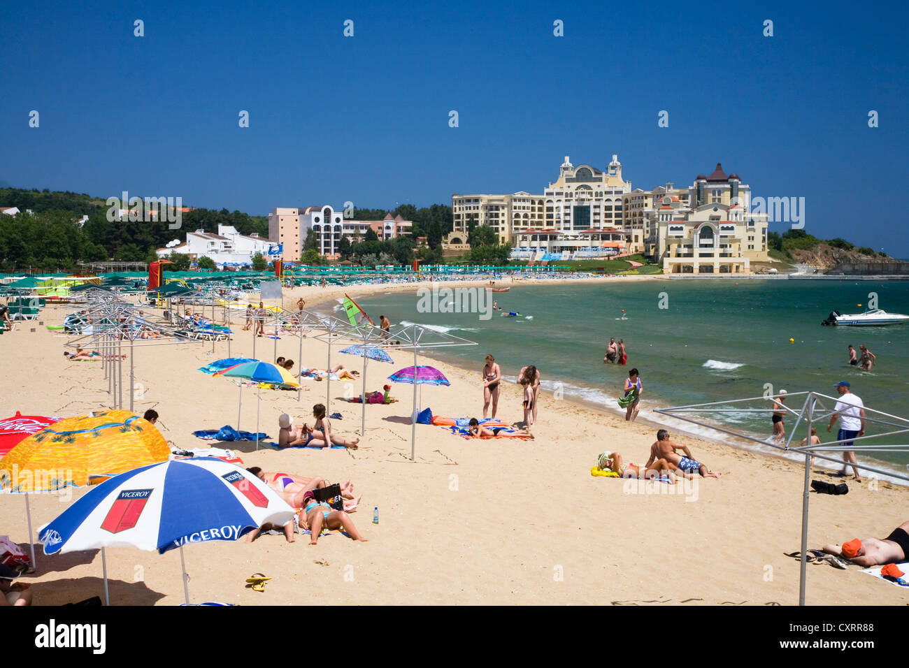Sunny beach in front of Hotel Marina Royal Palace, Djuni, Duni, Black Sea, Bulgaria, Europe Stock Photo