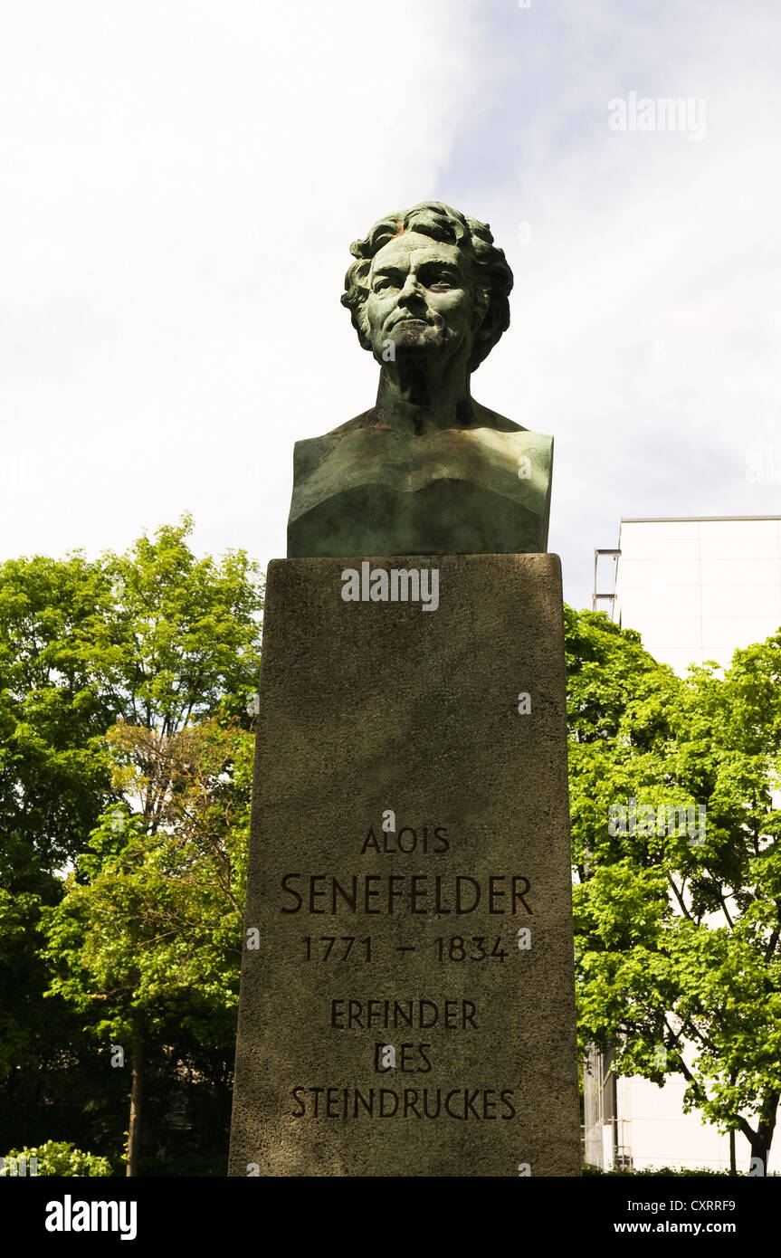 Bust of Alois Senefelder, an actor, writer and the inventor of lithography, monument, Munich, Bavaria, Germany, Europe Stock Photo