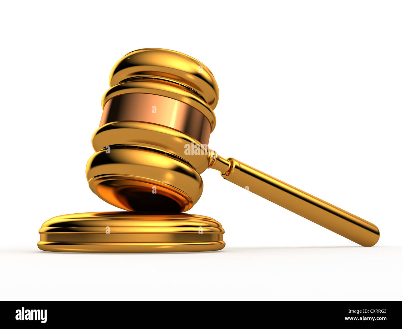 Golden gavel isolated against a white background with reflections Stock