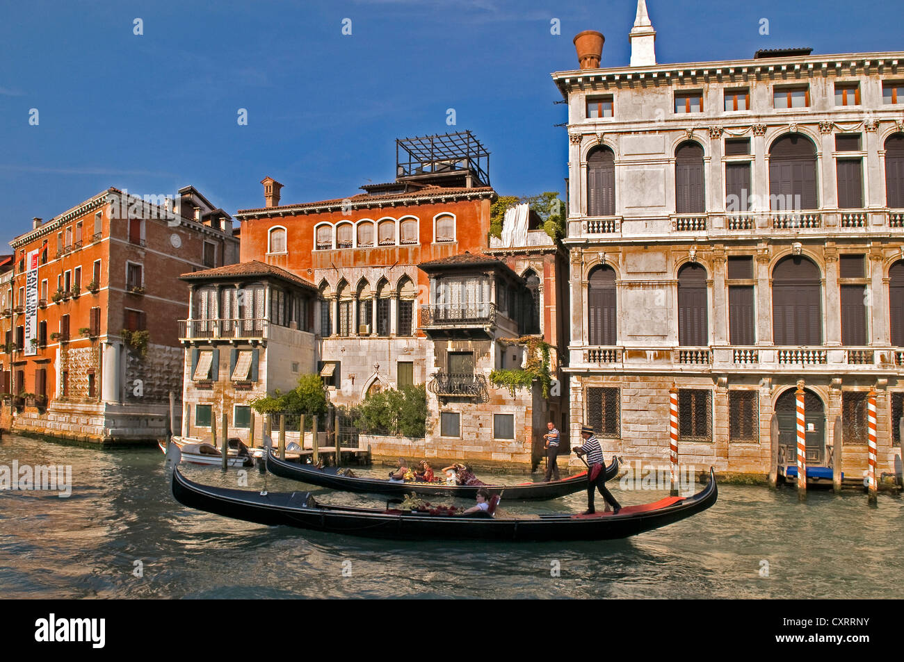 Gondolas on the Grand Canal in front of historic buildings, Venice ...