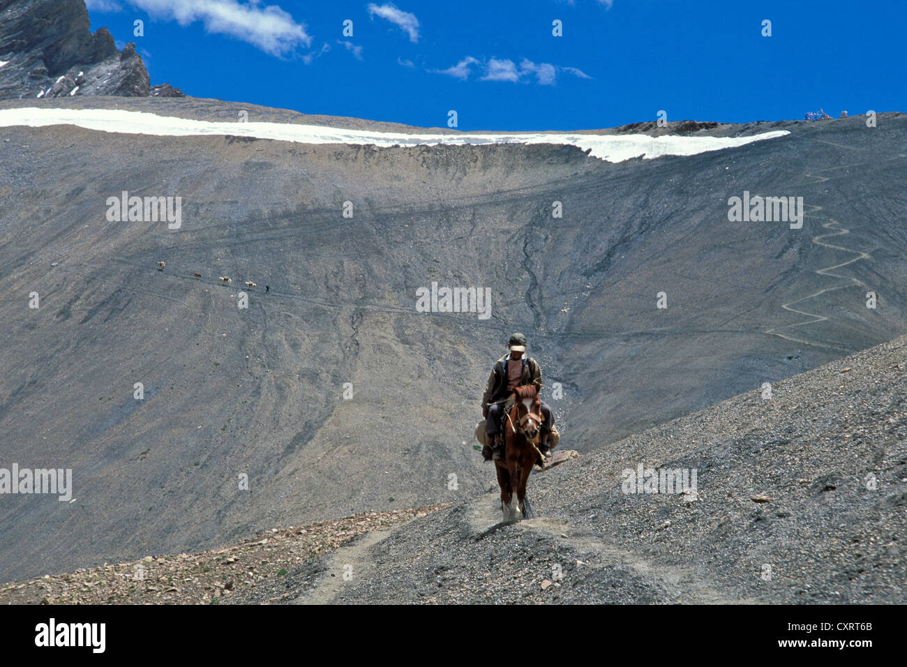 Rider near the pass, winding roads, Mt Sengge-La or Sengge Pass, Zanskar, Ladakh, Jammu and Kashmir, North India, India Stock Photo