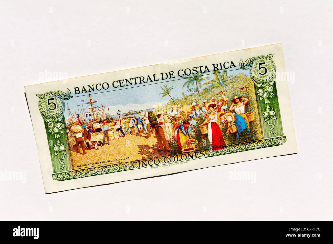 Five colones, banknote of Costa Rica with a painting from the National ...
