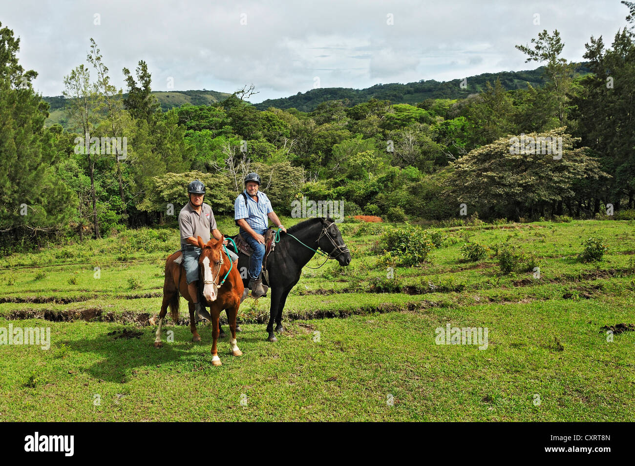 Two senior tourists riding horses near Monte Verde, Alajuela Province, Costa Rica, Central America Stock Photo