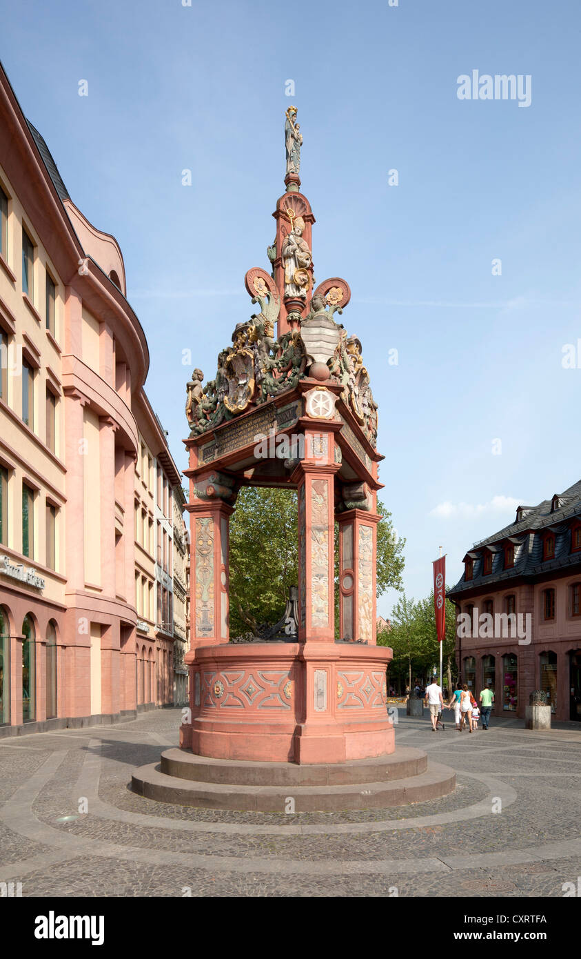 Marktbrunnen, market well and commercial buildings, Mainz, Rhineland-Palatinate, Germany, Europe, PublicGround Stock Photo