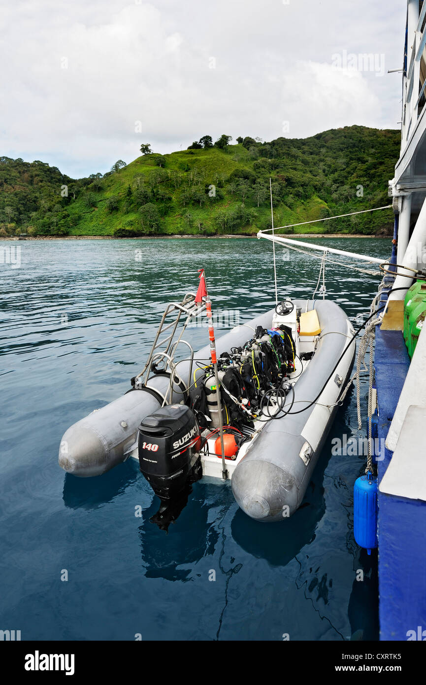 Dinghy and air tanks at the ship Okeanoss-Aggressor, Cocos Island, Costa Rica, Central America Stock Photo