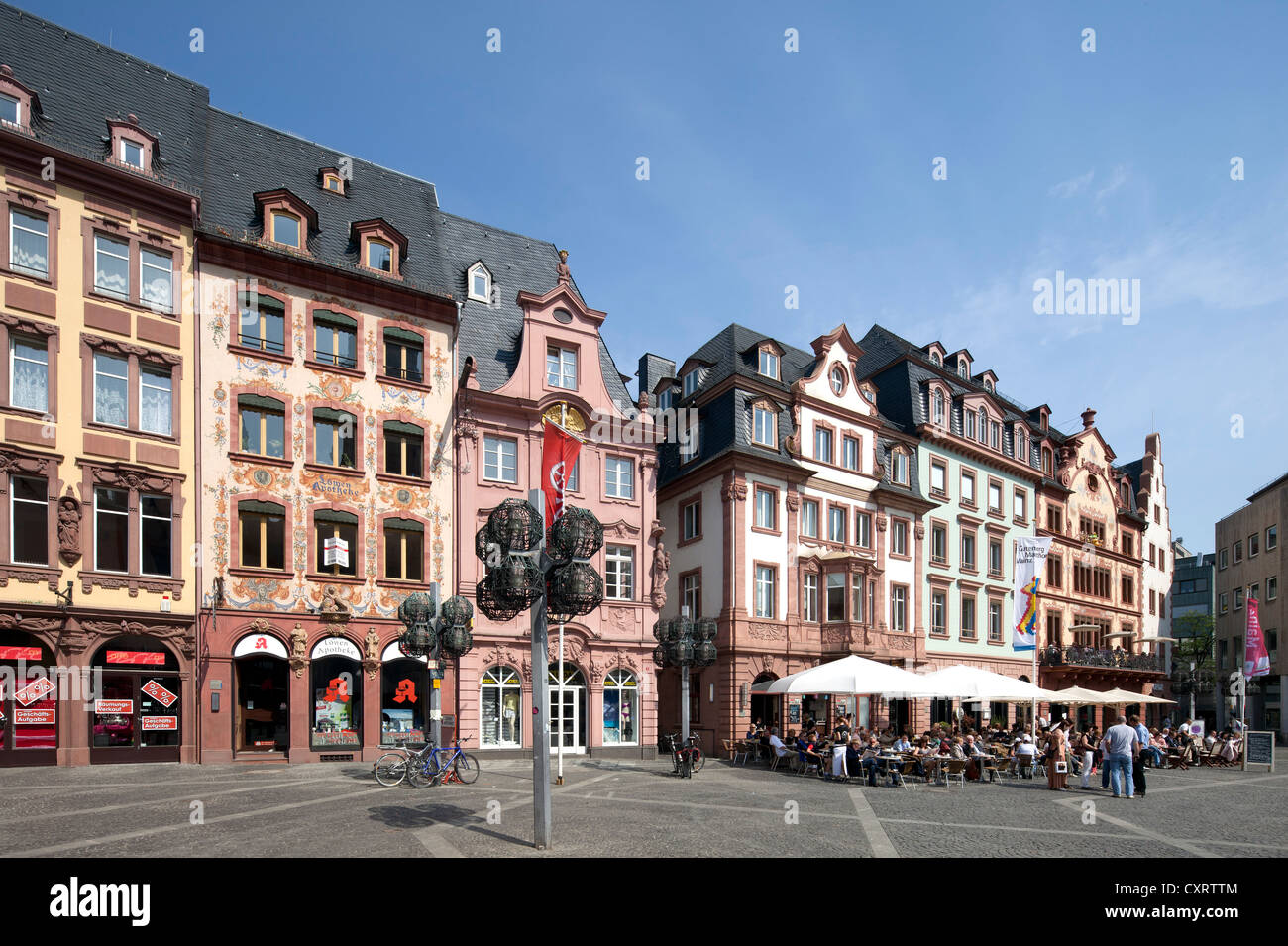 Restored town houses on Markt square, commercial buildings, Mainz, Rhineland-Palatinate, Germany, Europe, PublicGround Stock Photo