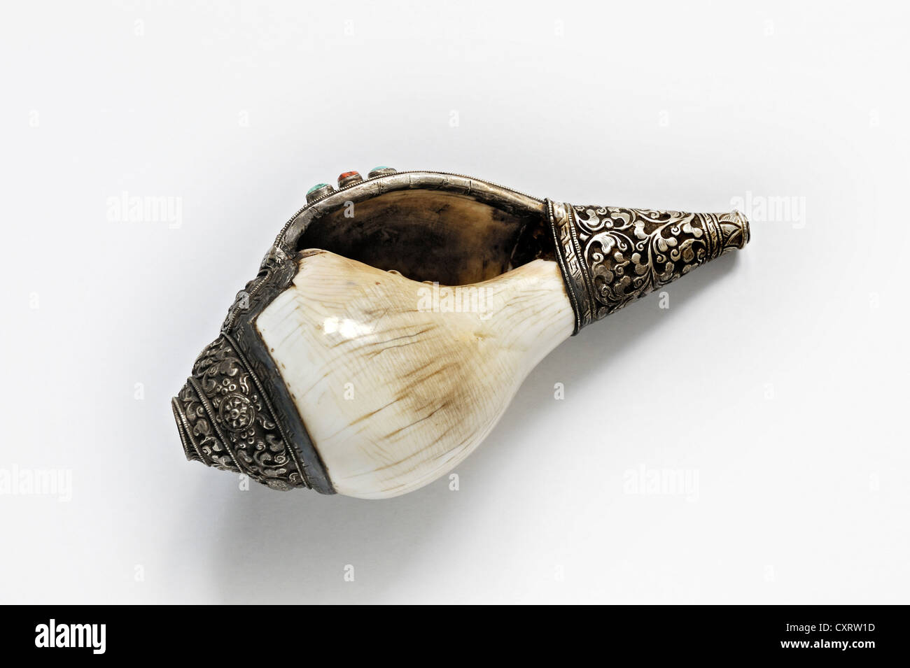 Shell of a Sacred Chank or Diveine Conch (Turbinella pyrum) decorated with silver and semiprecious stones, from Tibet, the Stock Photo