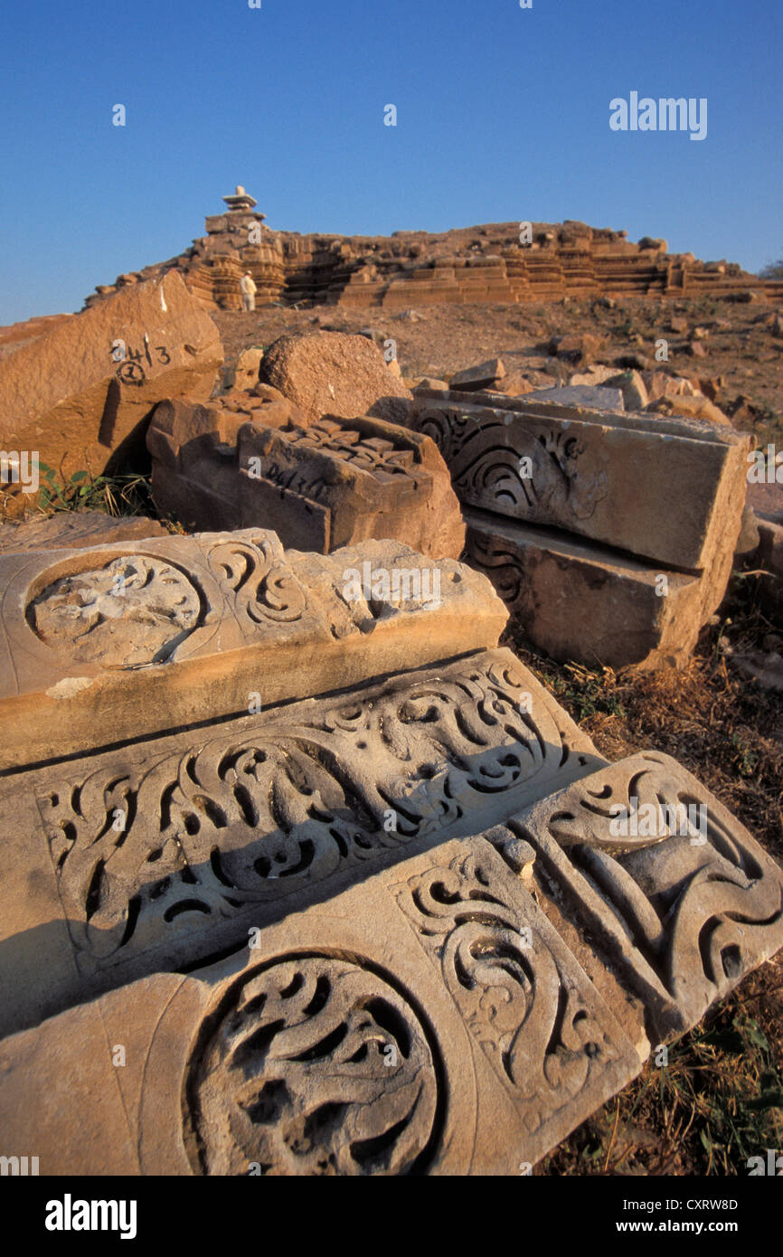 Excavated ruins of the Beejamandal Temple, Khajuraho, Unesco World Heritage site, Madhya Pradesh, India, Asia Stock Photo