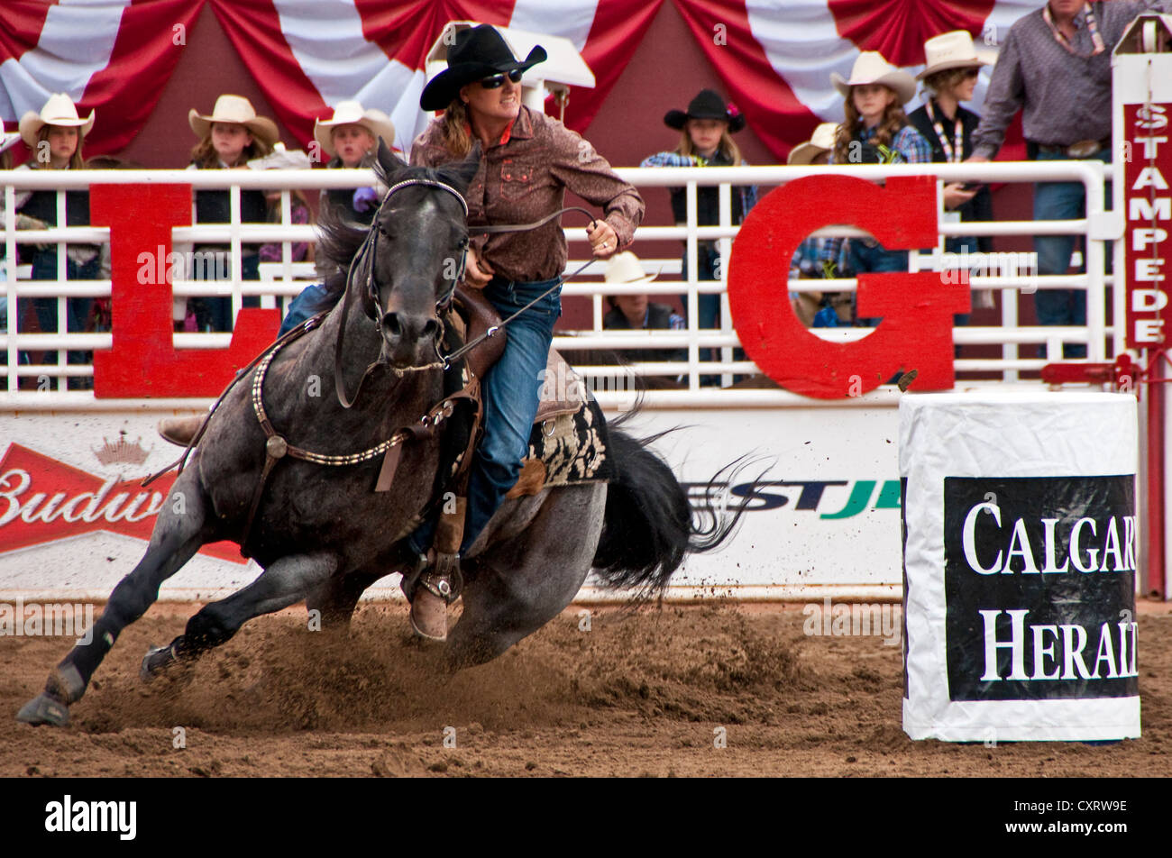 Ladies Barrel Racing action at the Calgary Stampede 2012. Stock Photo