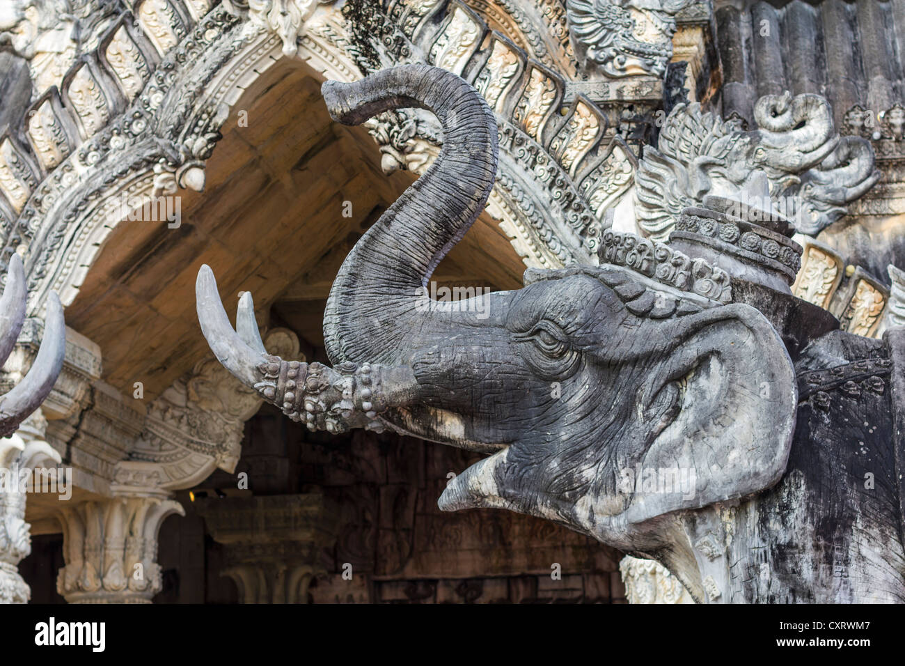 Elephant head, trunk and tusks statue at Fantasea amusement park, Phuket, Thailand. Stock Photo