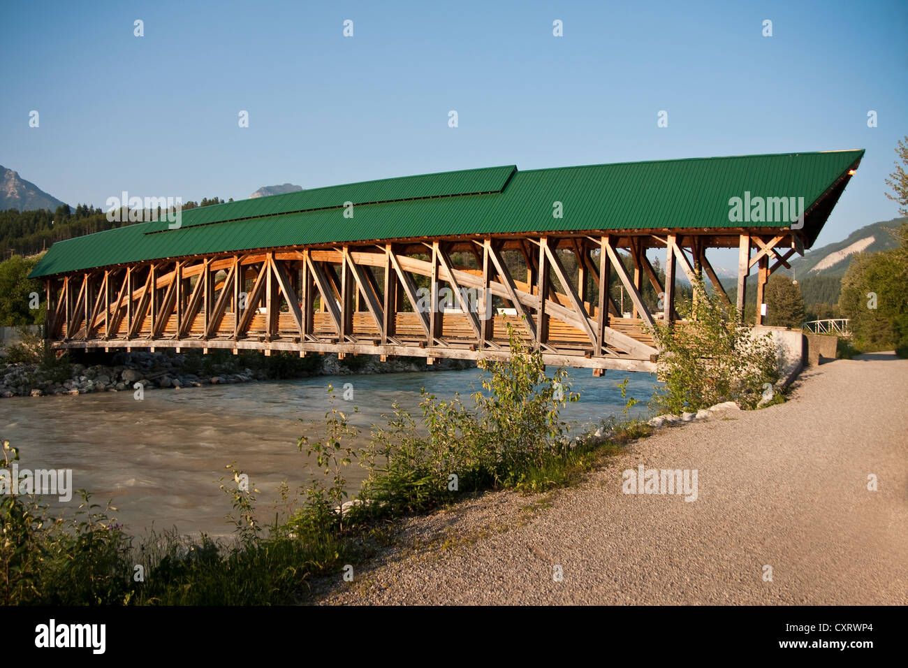 Kickinghorse Pedestrian Bridge over Kicking Horse River in Golden, BC Stock Photo