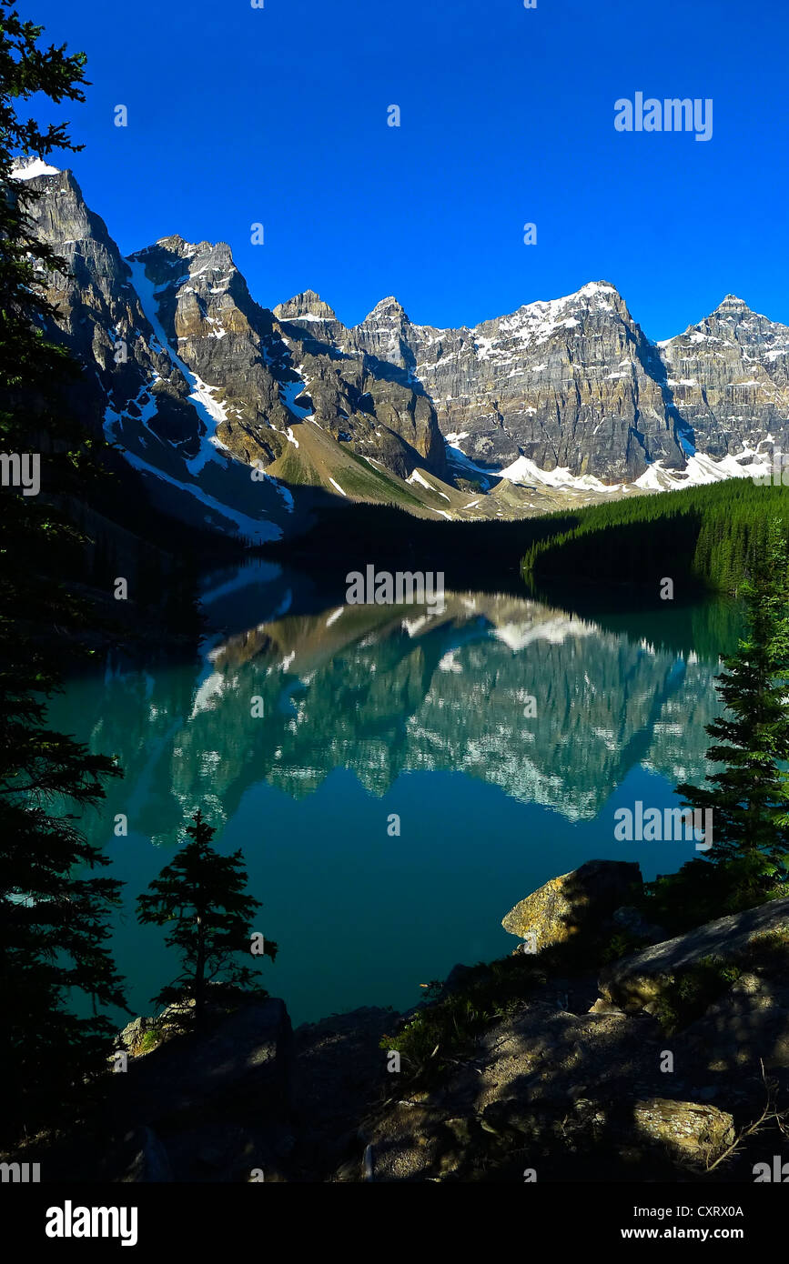 Moraine Lake in Valley of the Ten Peaks in Banff National Park. Stock Photo