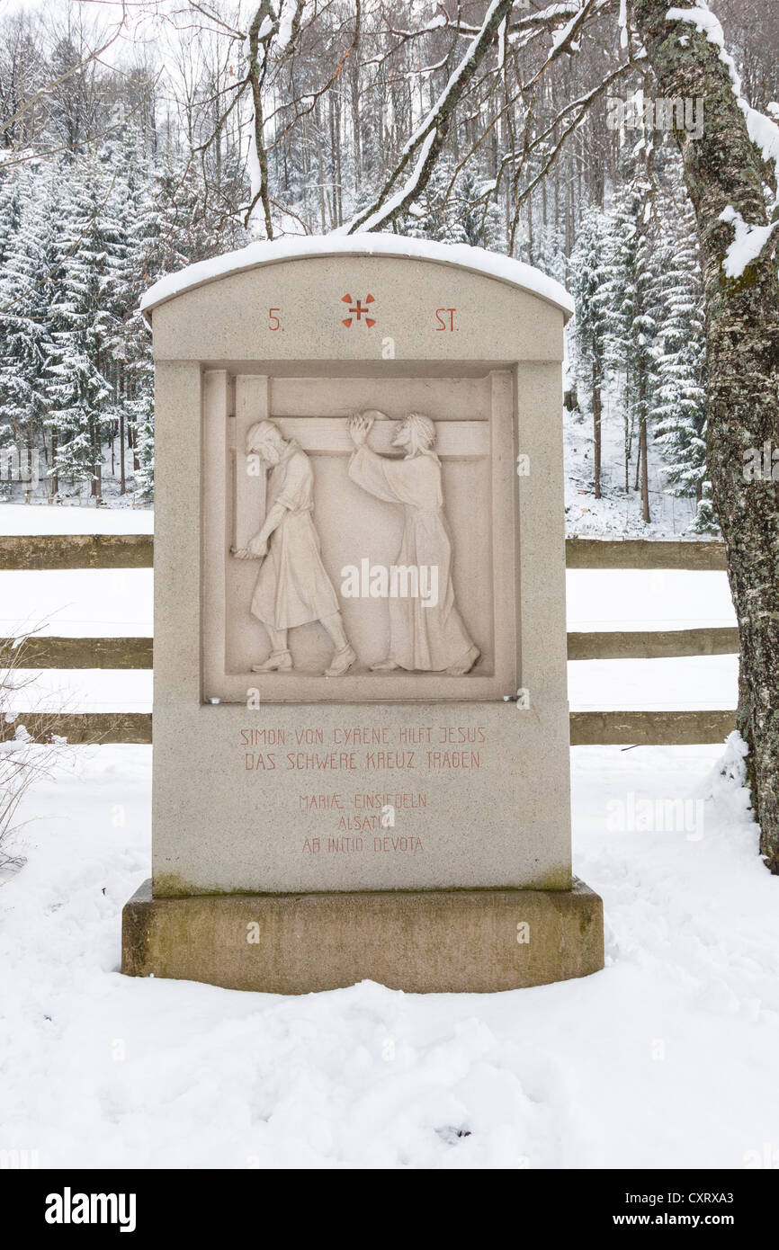 5th Station, Stations of the Cross, pilgrimage route in the snow, Einsiedeln, Switzerland, Europe Stock Photo