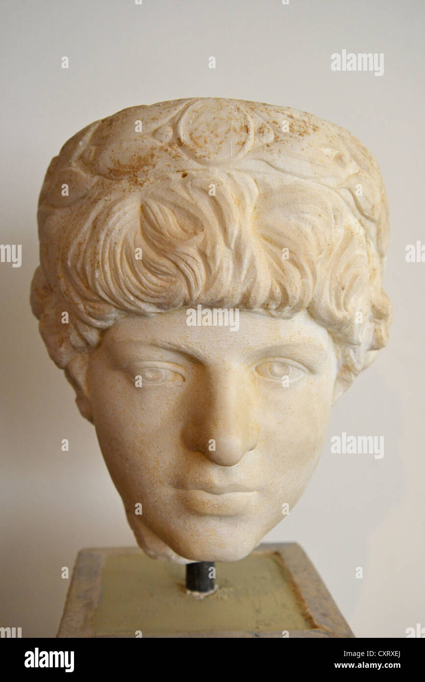 Portrait head of Lucius Verus in The Archaeological Museum of Olympia, Ancient Olympia, Elis, West Greece Region, Greece Stock Photo