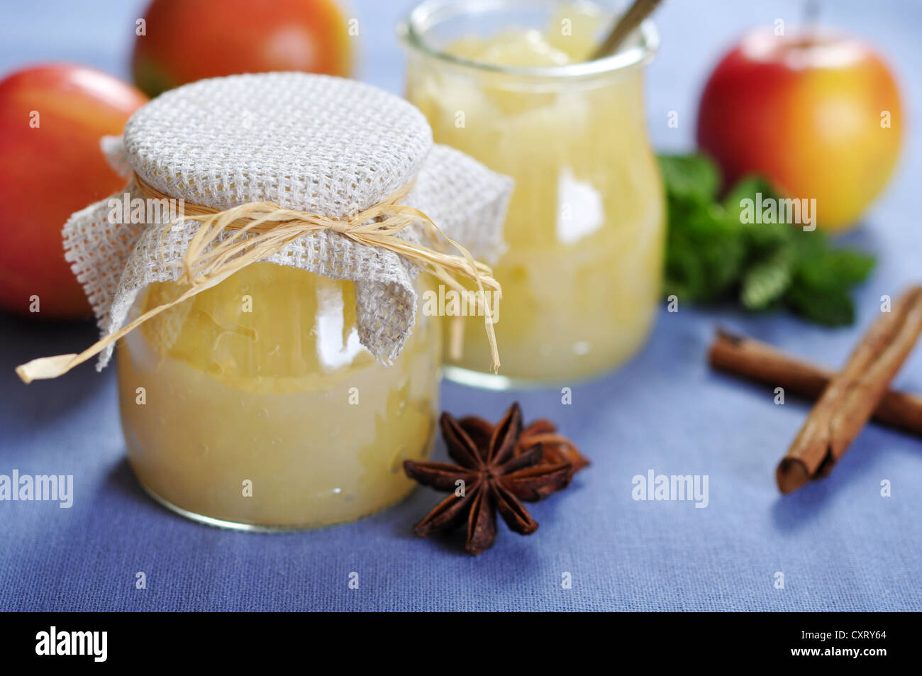 Jar of apple jam with cinamon and fresh apples Stock Photo