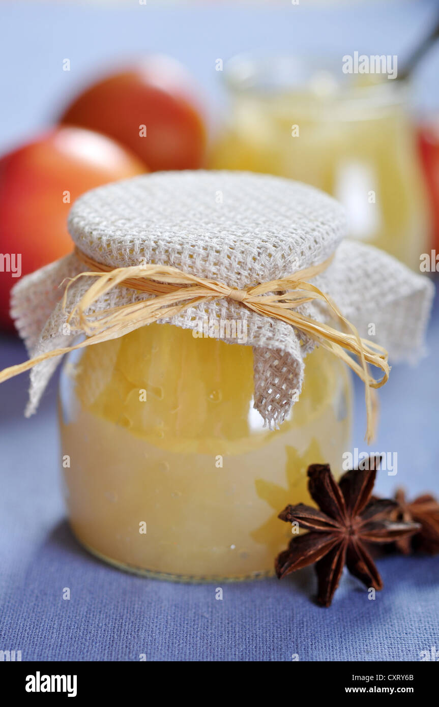 Apple jam in jar with cinamon and fresh apples closeup Stock Photo