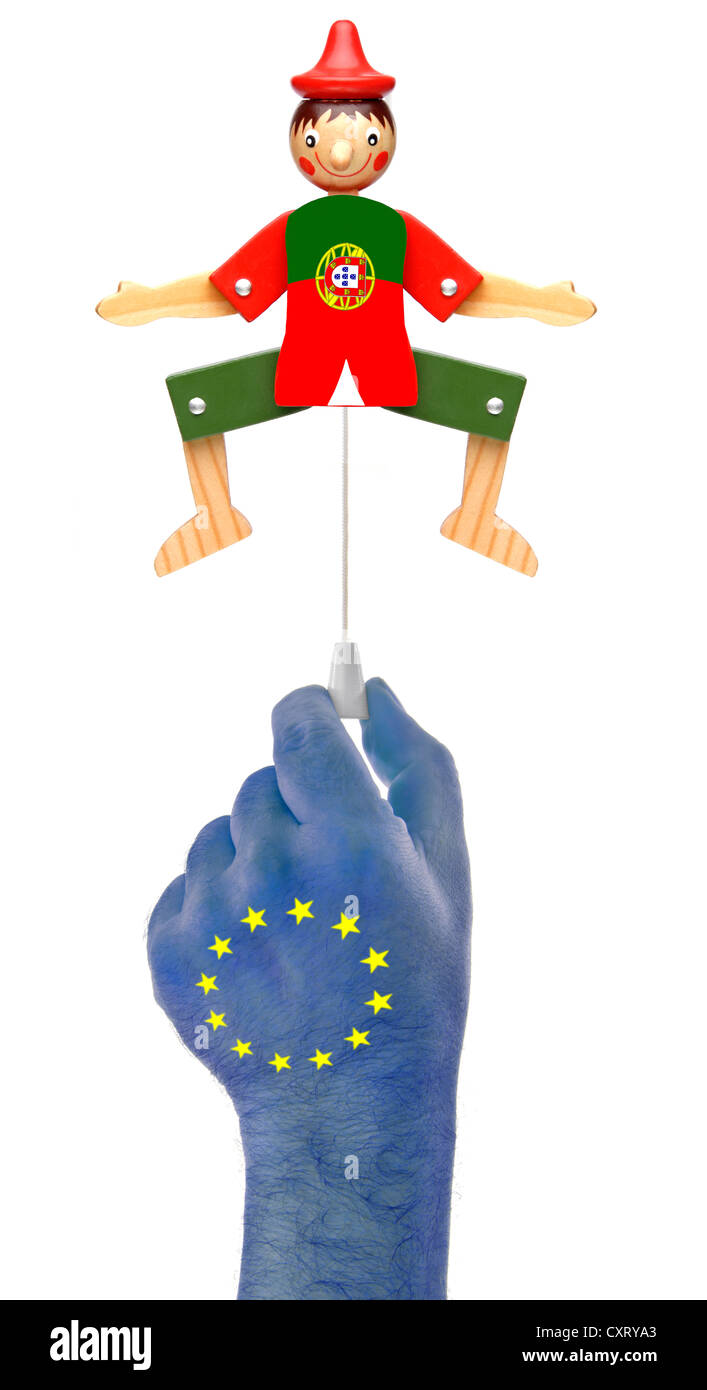 Hand with European stars pulling the rope of a jumping jack in Portuguese national colors