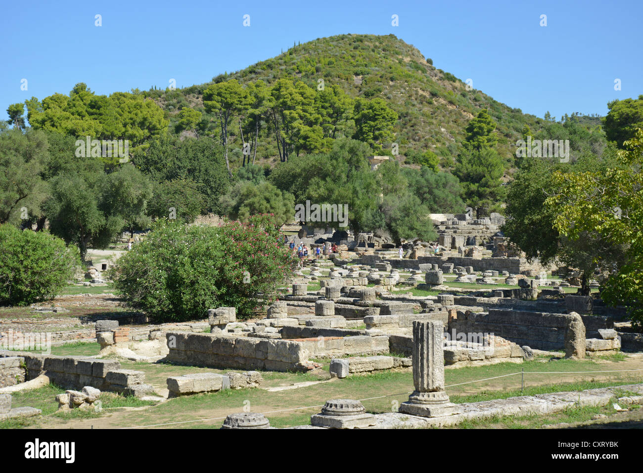 View of ruins and Mount Kronos at ancient Olympia, Elis, West Greece