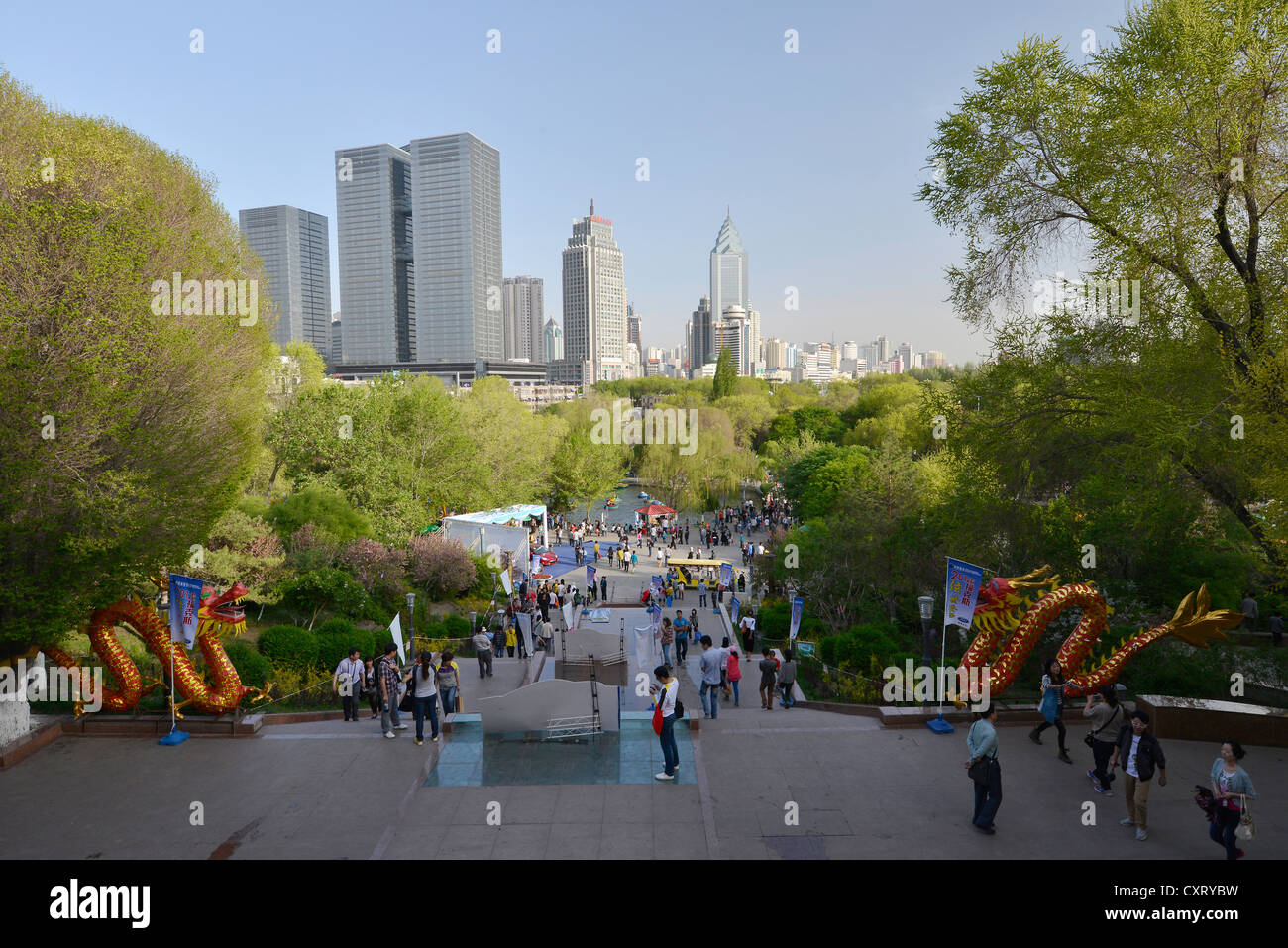 View over the Hongshan amusement park to the new skyscrapers, Silk Road, Xinjiang, China, Asia Stock Photo