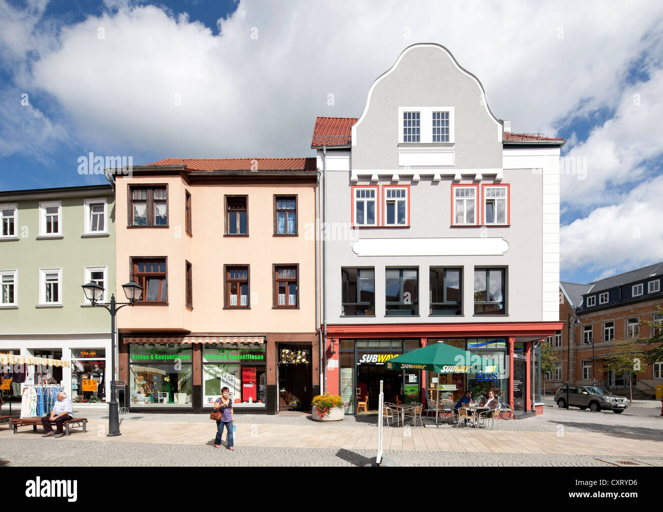 Commercial buildings in Poststrasse, Ilmenau, Thuringia, Germany, Europe, PublicGround Stock Photo