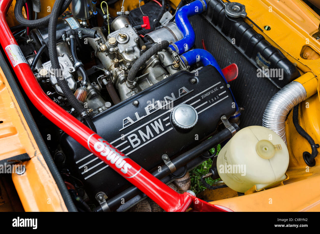 View of the engine compartment of a BMW 2002 Ti Alpina, built in 1969, festival of classic cars 'Retro Classics meets Barock' Stock Photo