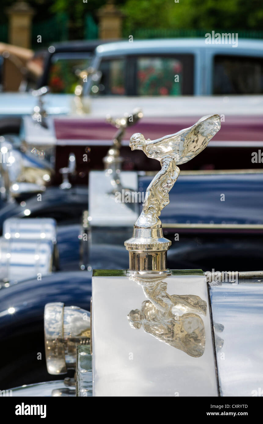 Row of Rolls-Royce radiator mascots 'Spirit of Ecstasy' also known as Emily, Classics meets Barock classic car meeting, Stock Photo