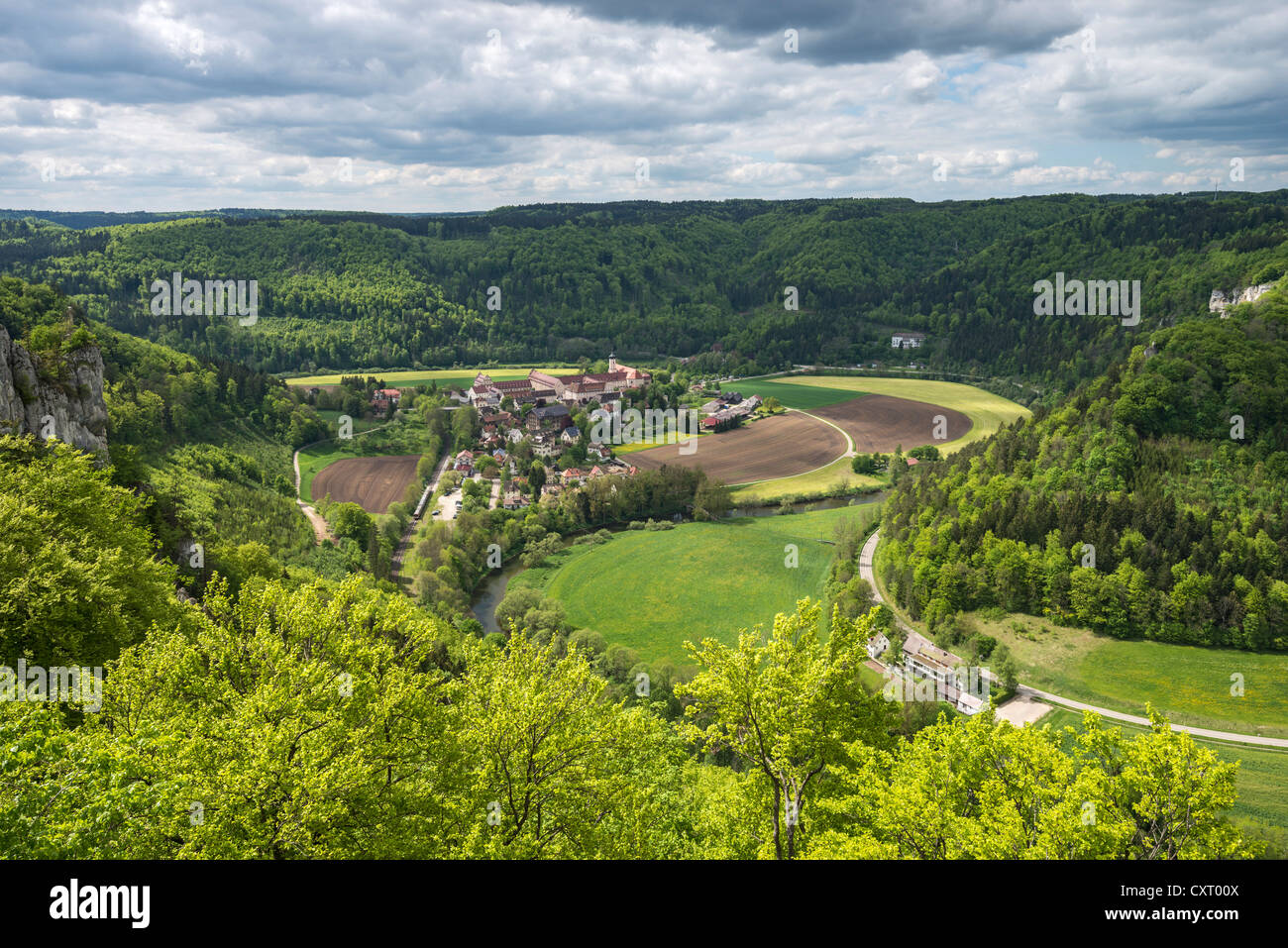 View of the upper Danube valley and the town of Beuron as seen from Altstadtfelsen rock, Baden-Wuerttemberg, Germany, Europe Stock Photo