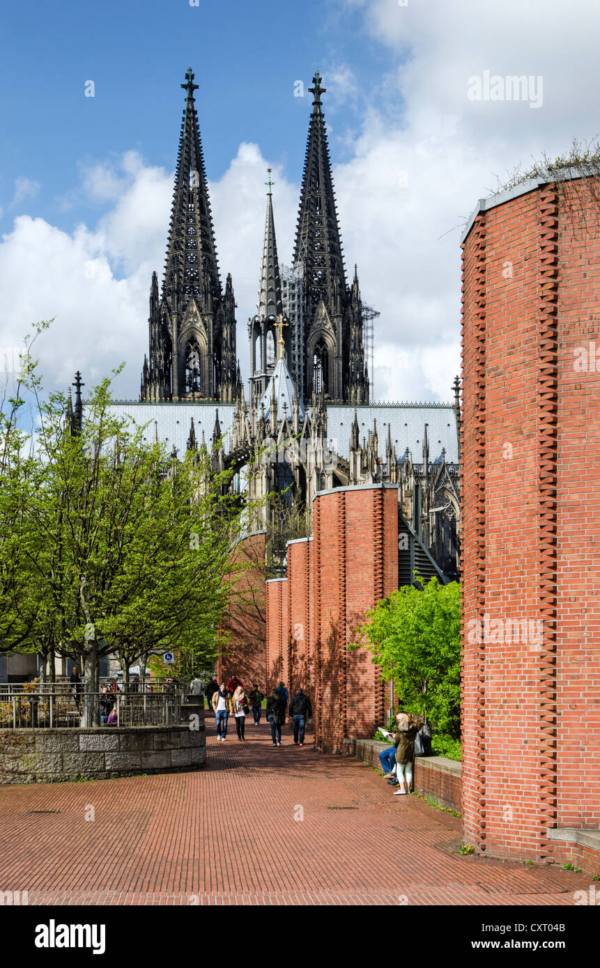 View across Heinrich-Boell-Platz square towards Cologne Cathedral, Cologne, North Rhine-Westphalia, Germany, Europe Stock Photo