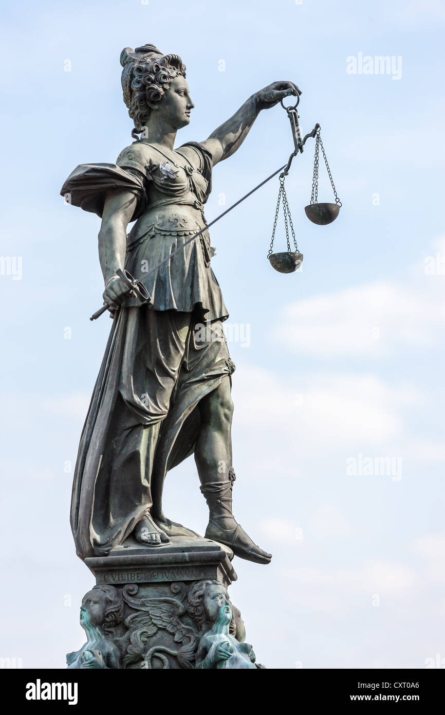 Lady Justice holding scales, Justitia Brunnen, fountain of justice, Roemer square, Frankfurt am Main, Hesse, PublicGround Stock Photo