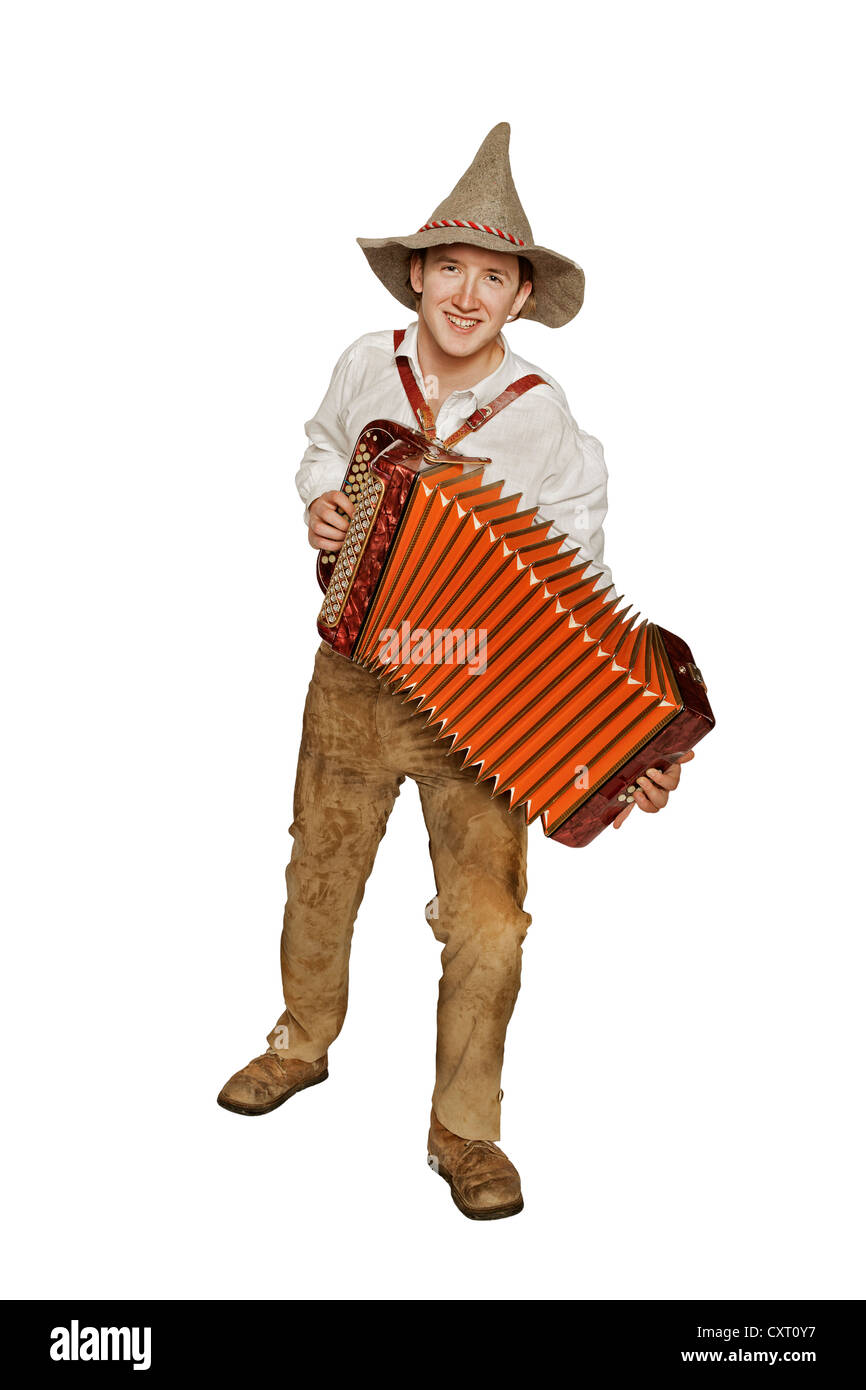 Musician wearing a traditional costume playing accordion, Austria Stock