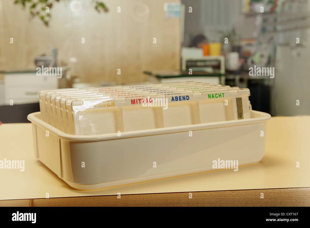 Pill organiser at a nursing home Stock Photo