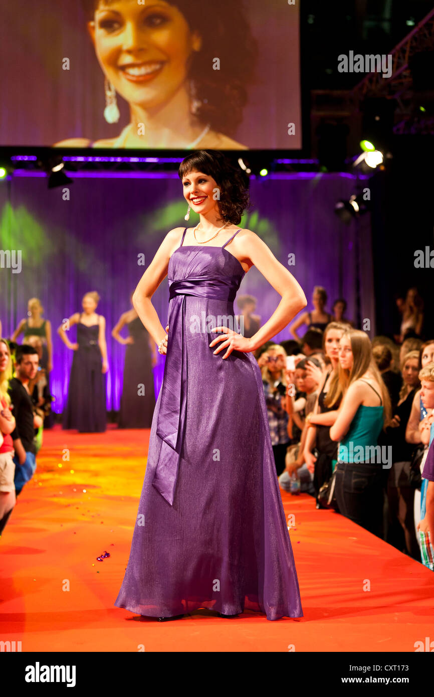 Silvia Bucher wearing an evening dress, finalists of the Miss Zentralschweiz 2012 beauty contest, Railcity Stock Photo