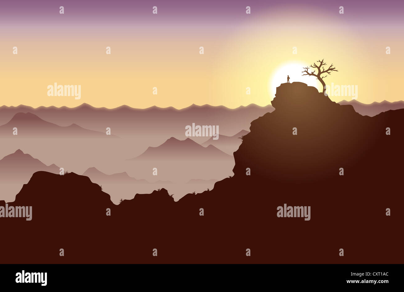 Silhouette of a guy standing on top of a high cliff Stock Photo - Alamy