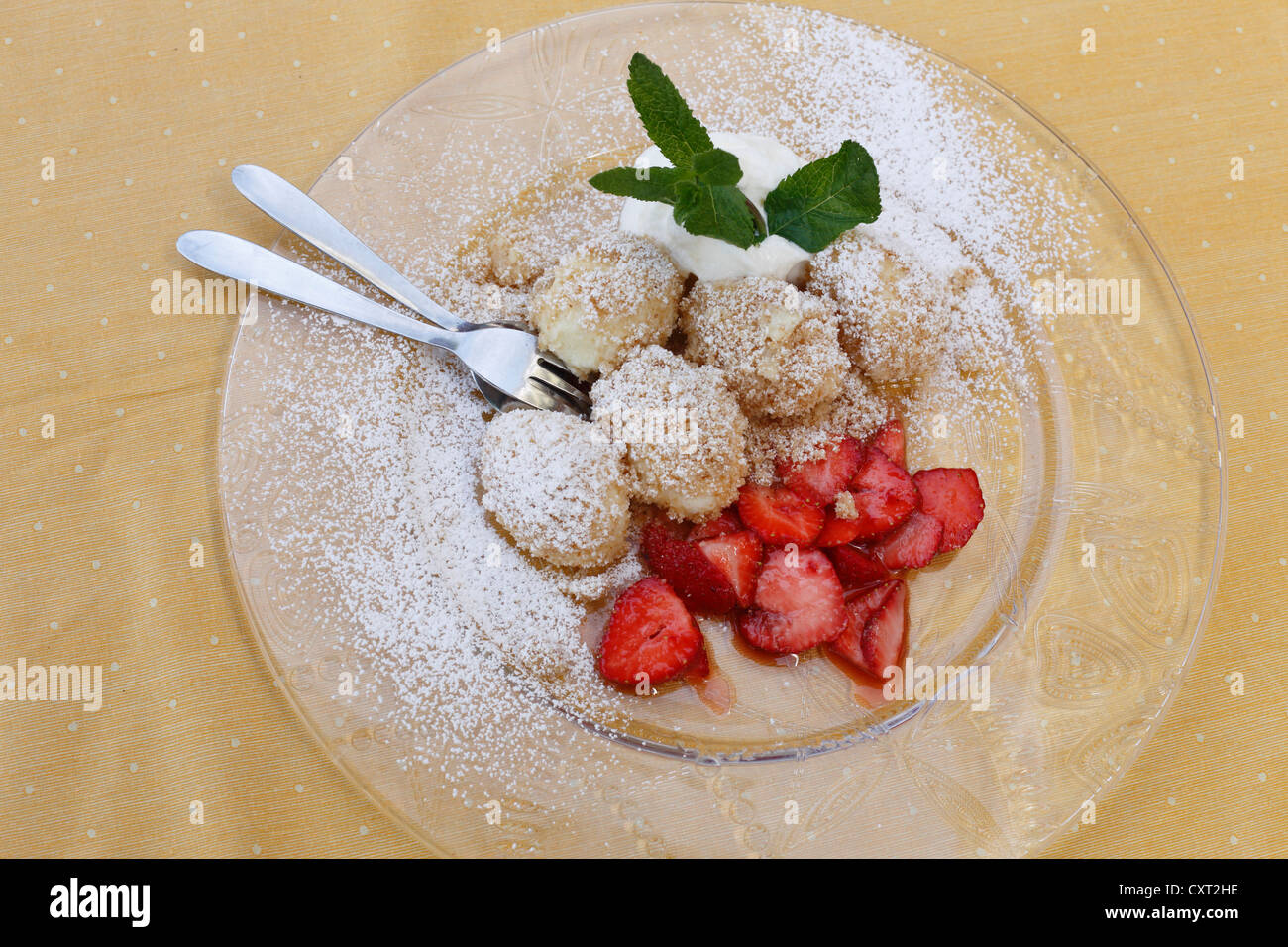 Nockerl, small dumplings, with strawberries, Gmunden, Upper Austria, Austria, Europe Stock Photo