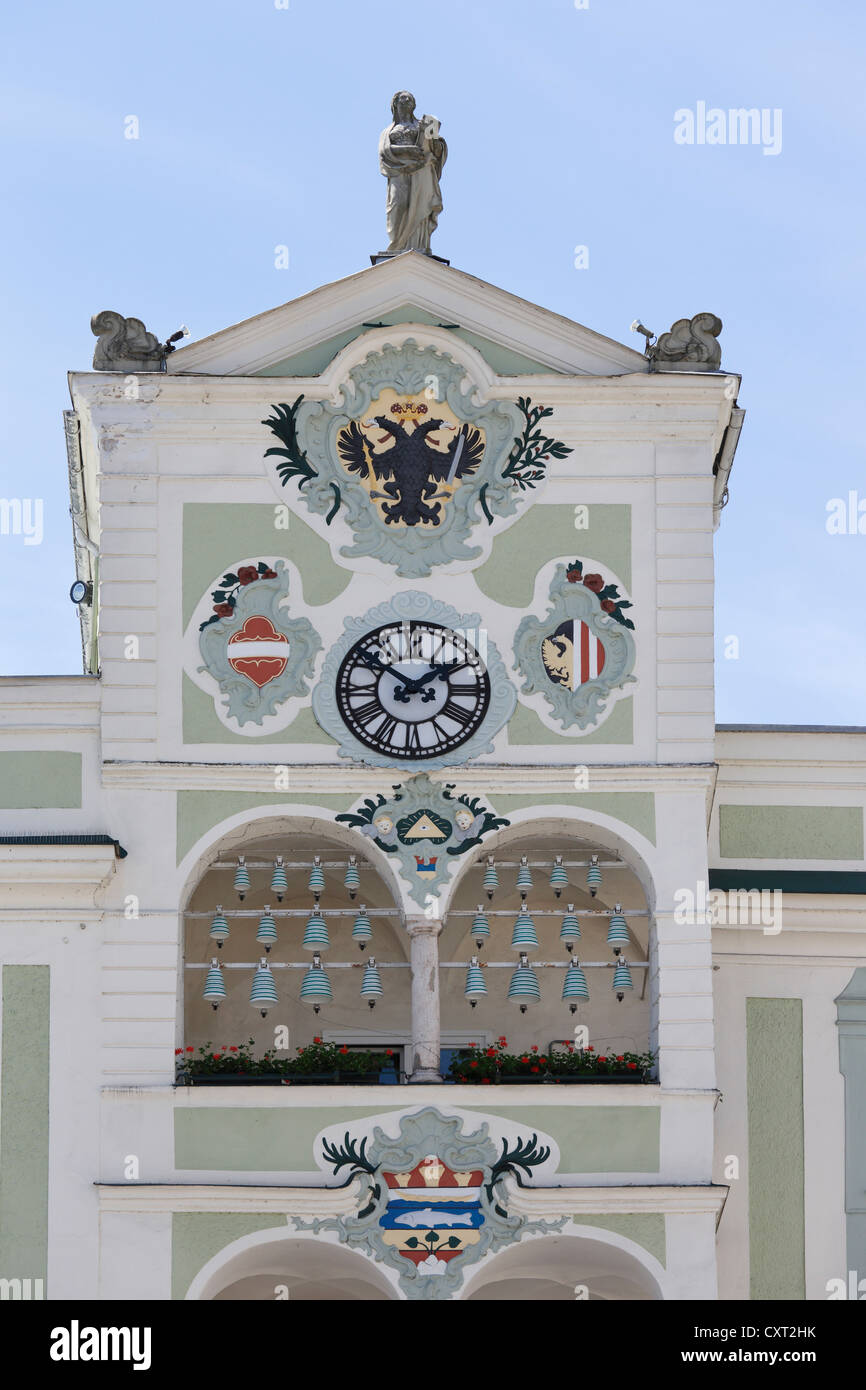 Town Hall with a ceramics glockenspiel, Gmunden, Salzkammergut region, Upper Austria, Austria, Europe, PublicGround Stock Photo