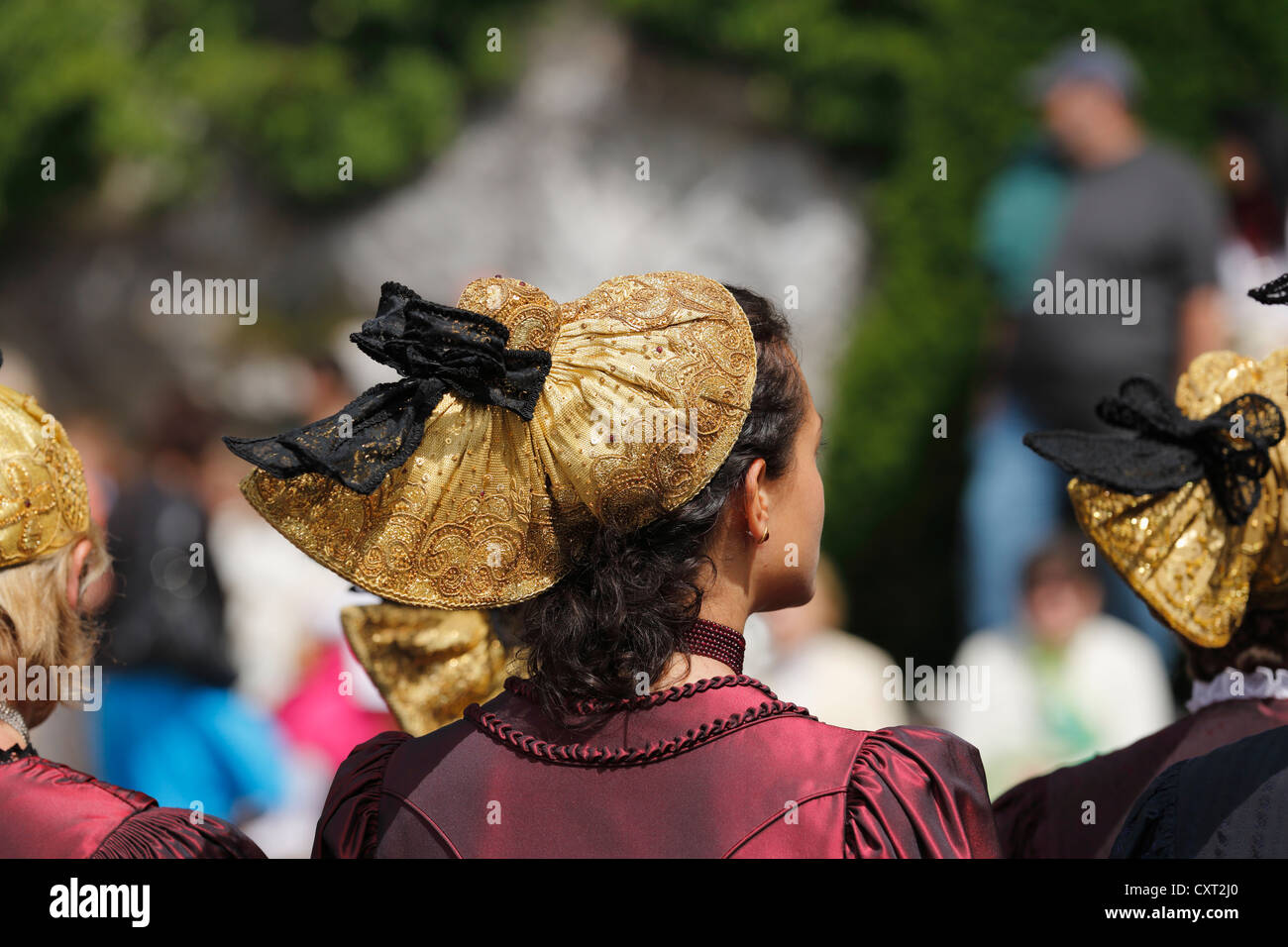 Women in traditional dress with golden headdress, Corpus Christi procession, Traunkirchen, Salzkammergut region, Upper Austria Stock Photo