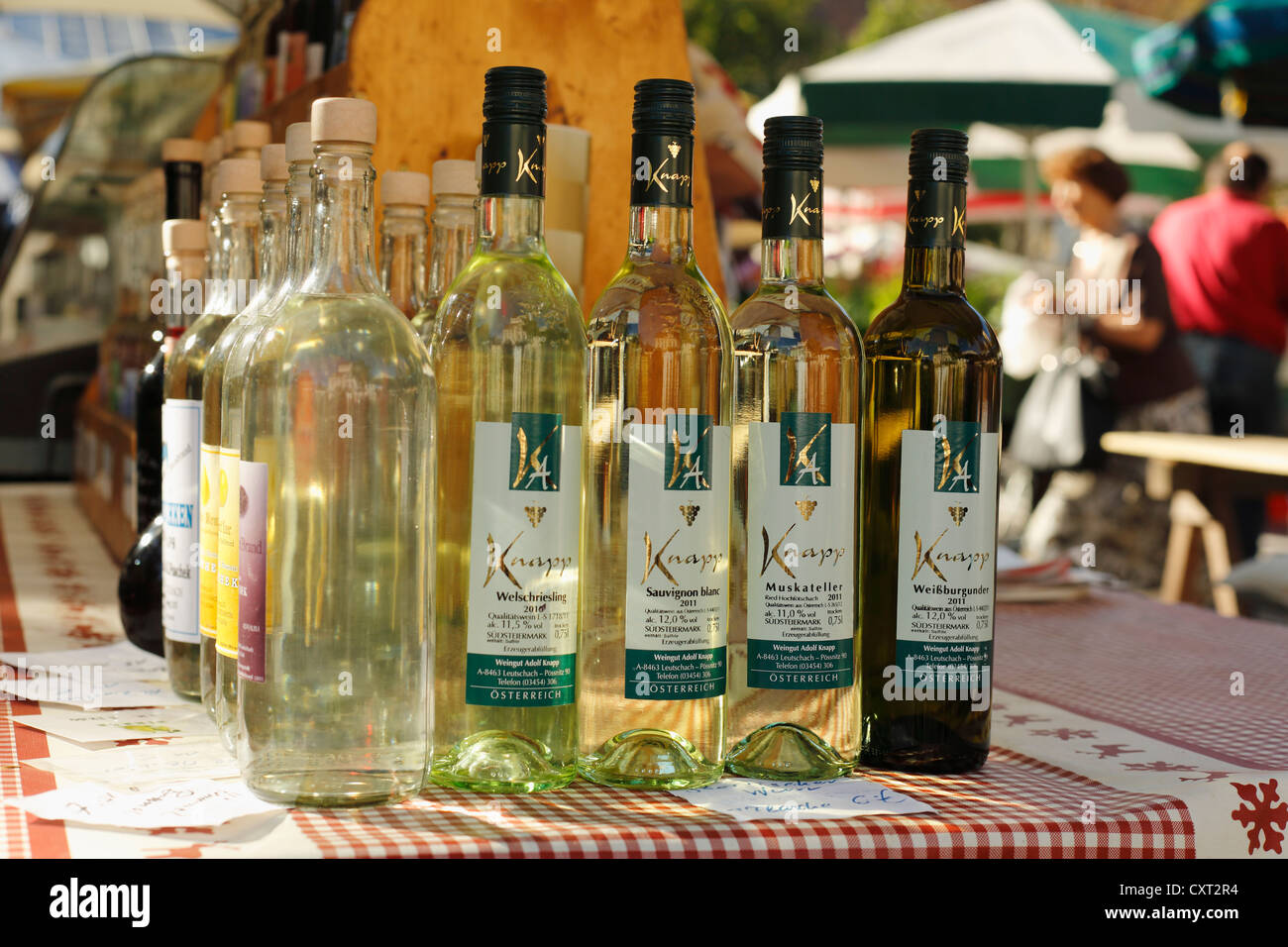 White wine bottles, farmers' market at Kaiser-Josef-Platz square, Graz, Styria, Austria, Europe Stock Photo