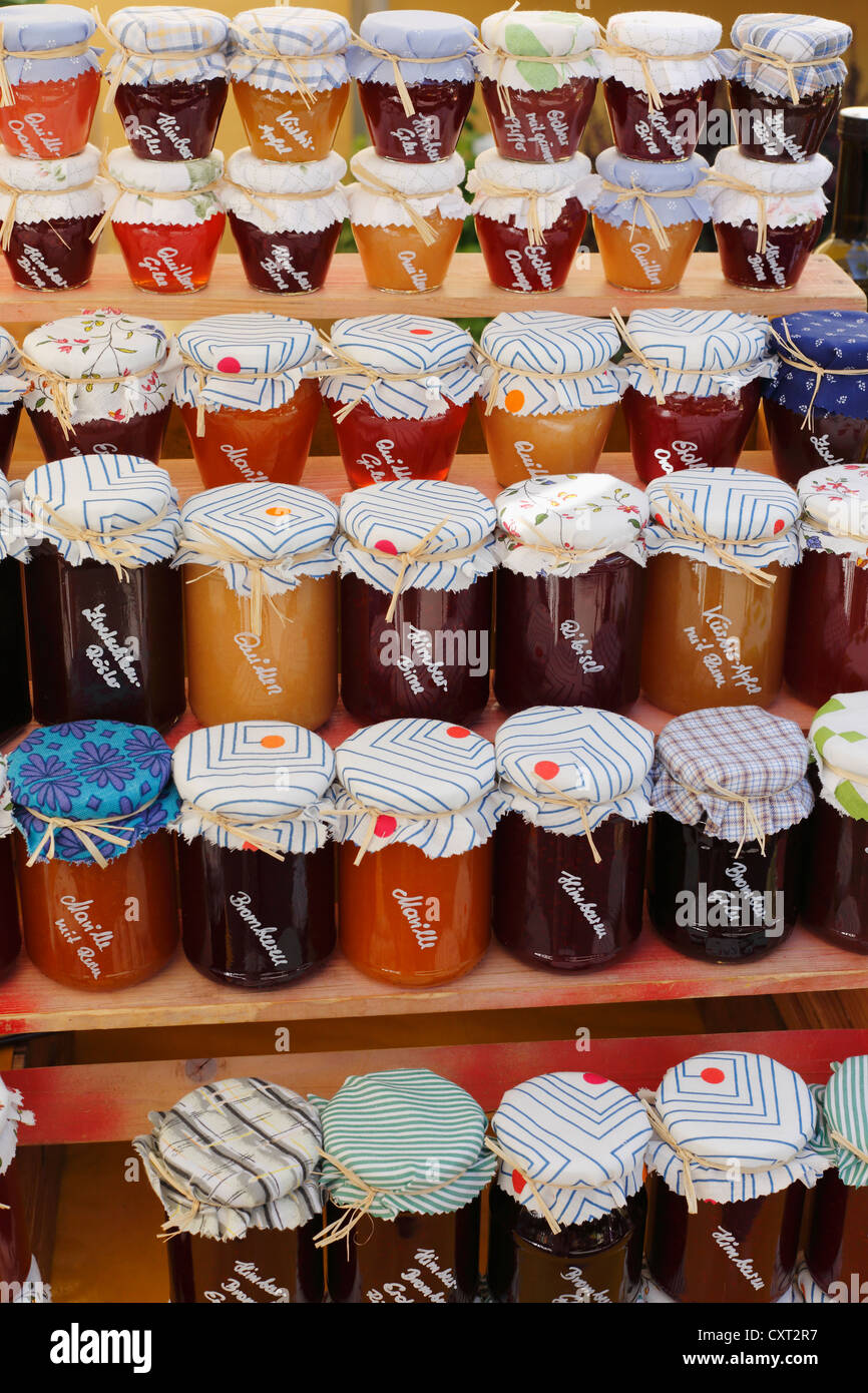 Jam jars, farmers' market at Kaiser-Josef-Platz square, Graz, Styria, Austria, Europe Stock Photo