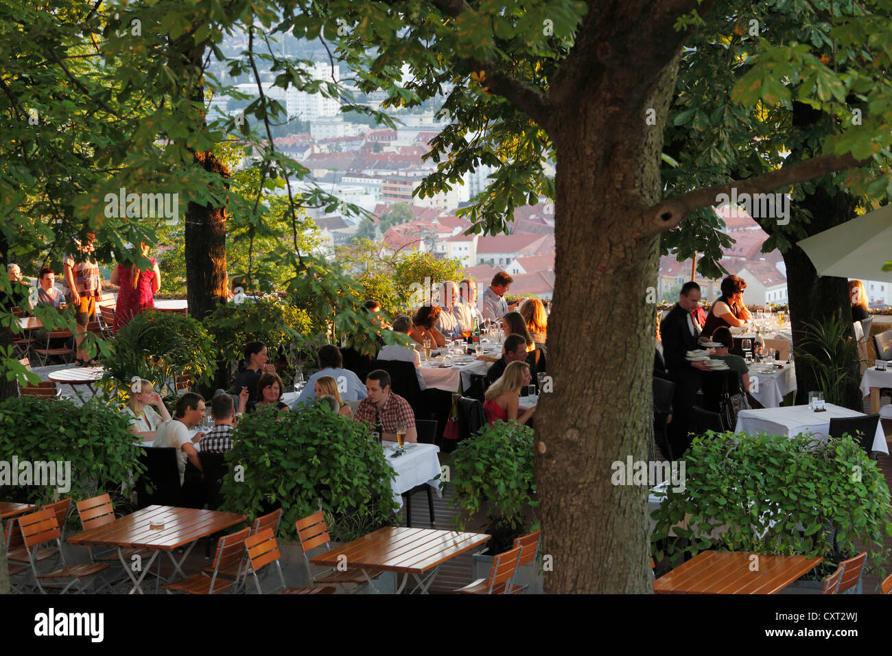 Beer garden of Schlossberg Restaurant, Schlossberg, castle hill, Graz, Styria, Austria, Europe, PublicGround Stock Photo