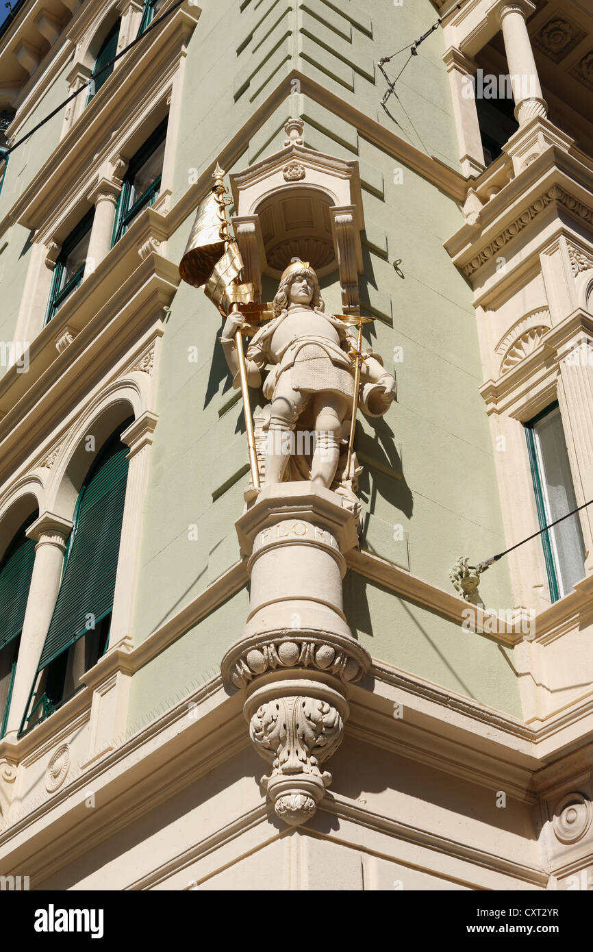 Figure of St. Florian at the corner of Jungferngasse and Herrengasse, Graz, Steiermark, Austria, Europe, PublicGround Stock Photo