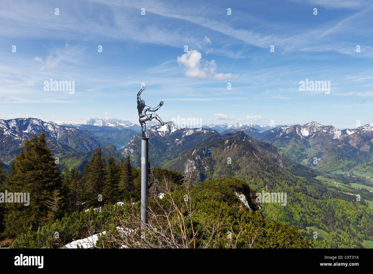 Sculpture 'Der Himmelskletterer', 'The Sky Climber' by Walter Angerer the Younger 2011, Mt Rauschberg, Chiemgau Alps Stock Photo