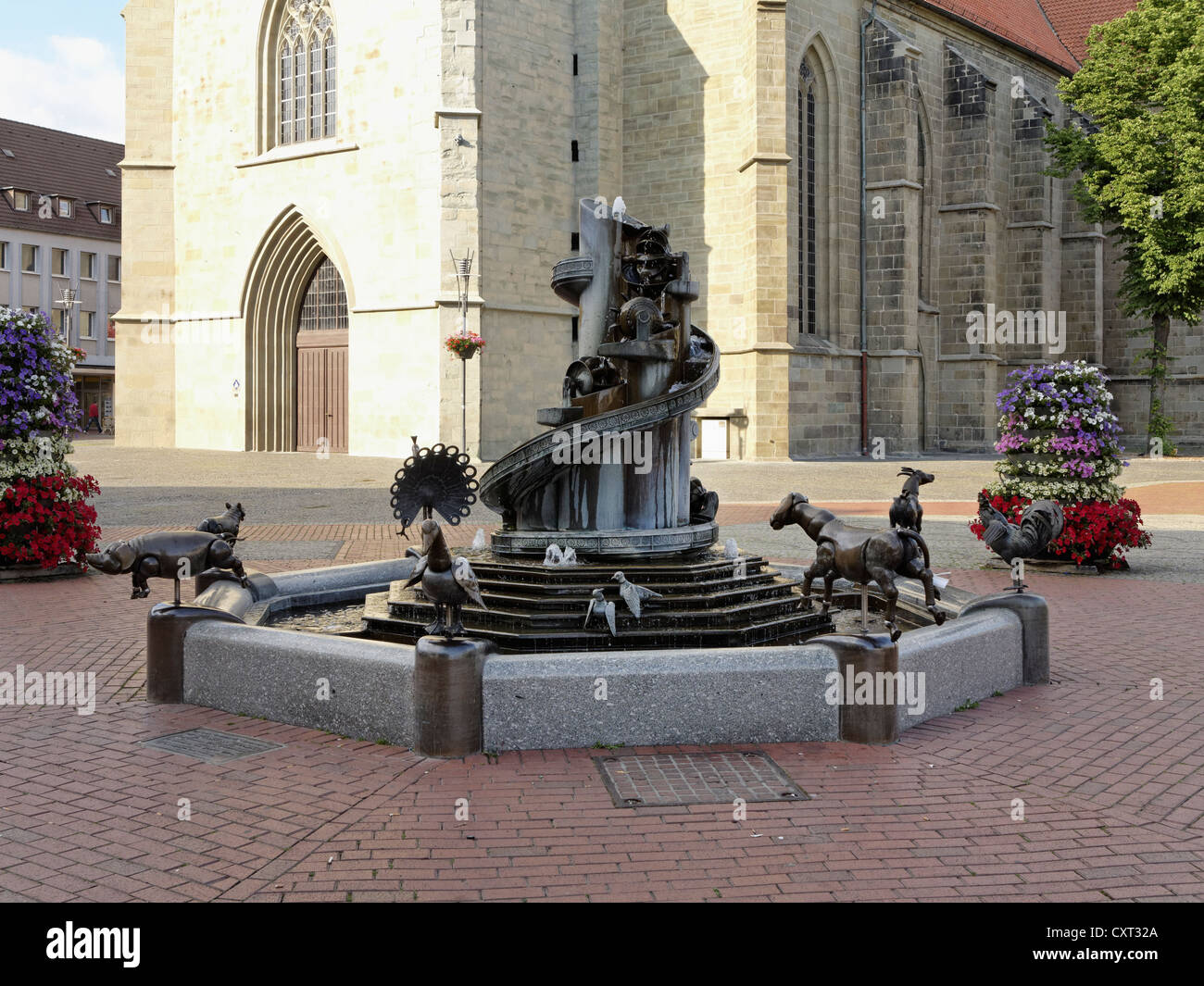 Fountain of 1990 in the market square, Hamm, North Rhine-Westphalia, Germany, Europe, PublicGround Stock Photo