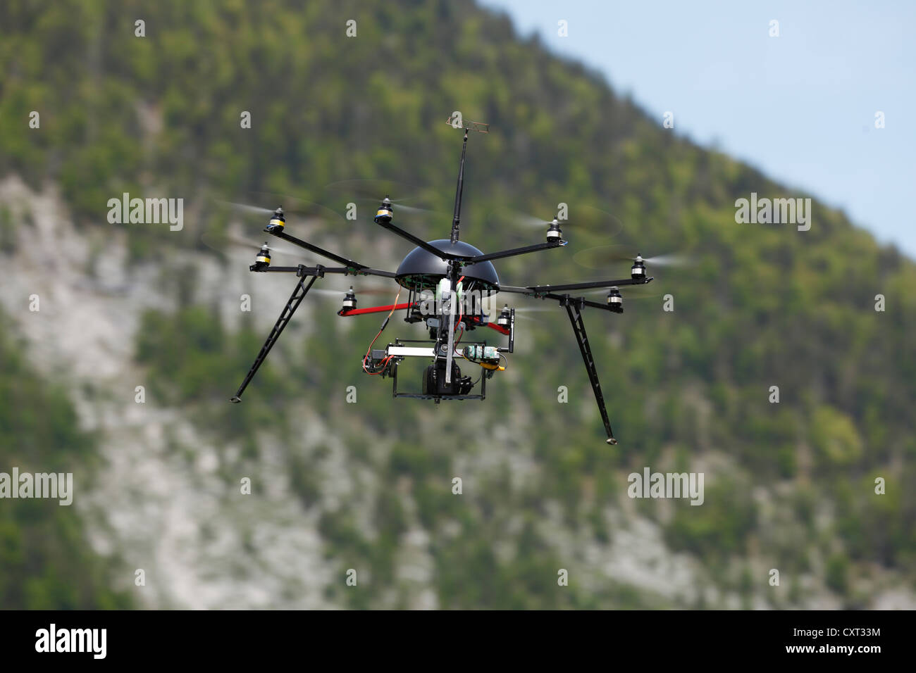 Flying drone with a camera, OktoKopter, Styria, Austria, Europe, PublicGround Stock Photo