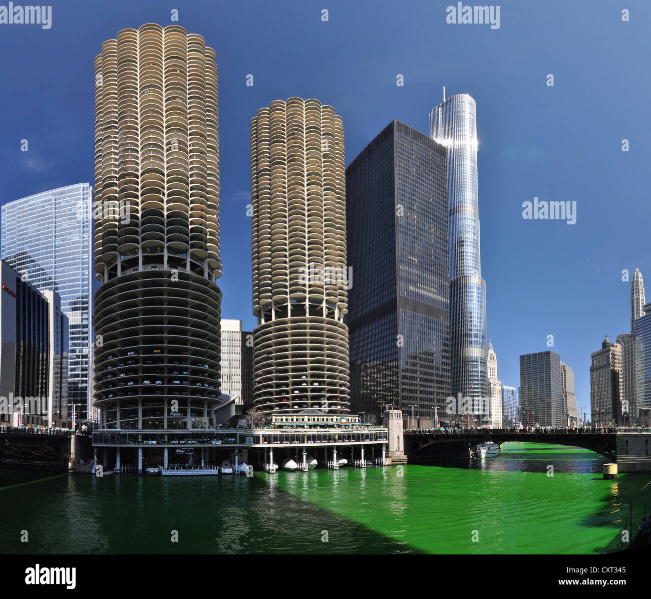 Chicago River dyed green on Saint Patrick's Day, Marina Tower, IBM Building and Trump Tower, Chicago, Illinois, USA Stock Photo