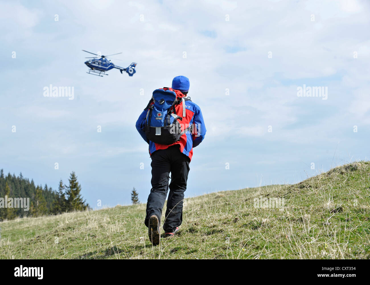 Mountain rescue service, EC 135 T2i helicopter of the German federal police, Mangfall Mountains, Upper Bavaria, Germany, Europe Stock Photo